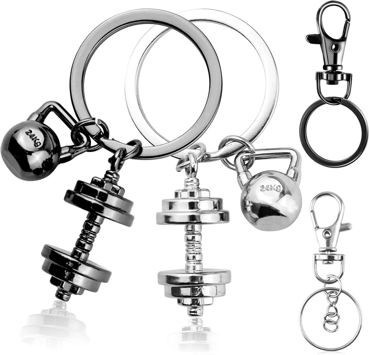 Thijox - 4 stuks Kettlebell Sleutelhangers Set, Zinklegering Sleutelhanger voor Sleutels, DIY Decoraties, Motorfiets, Auto, Zwart/Zilver, Compact en D