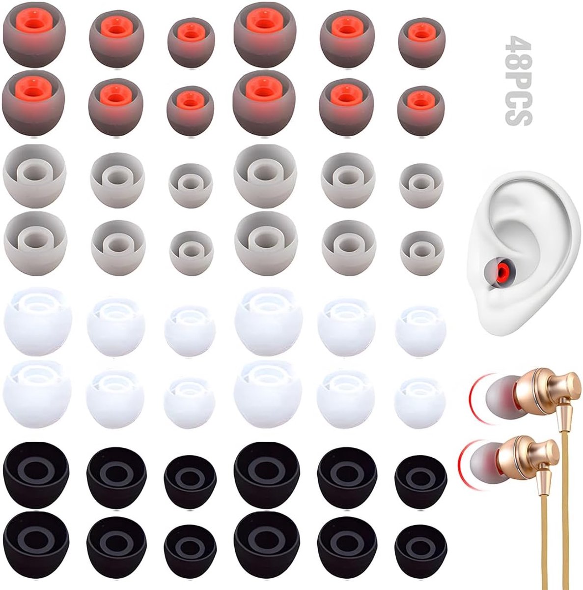 Thijox - 48 Stuks Vervangende Siliconen Oordopjes voor In-Ear Hoofdtelefoons, 4 Kleuren, 3 Maten (11/12/13 mm) - Perfect voor Muziek, Sport en Dagelij