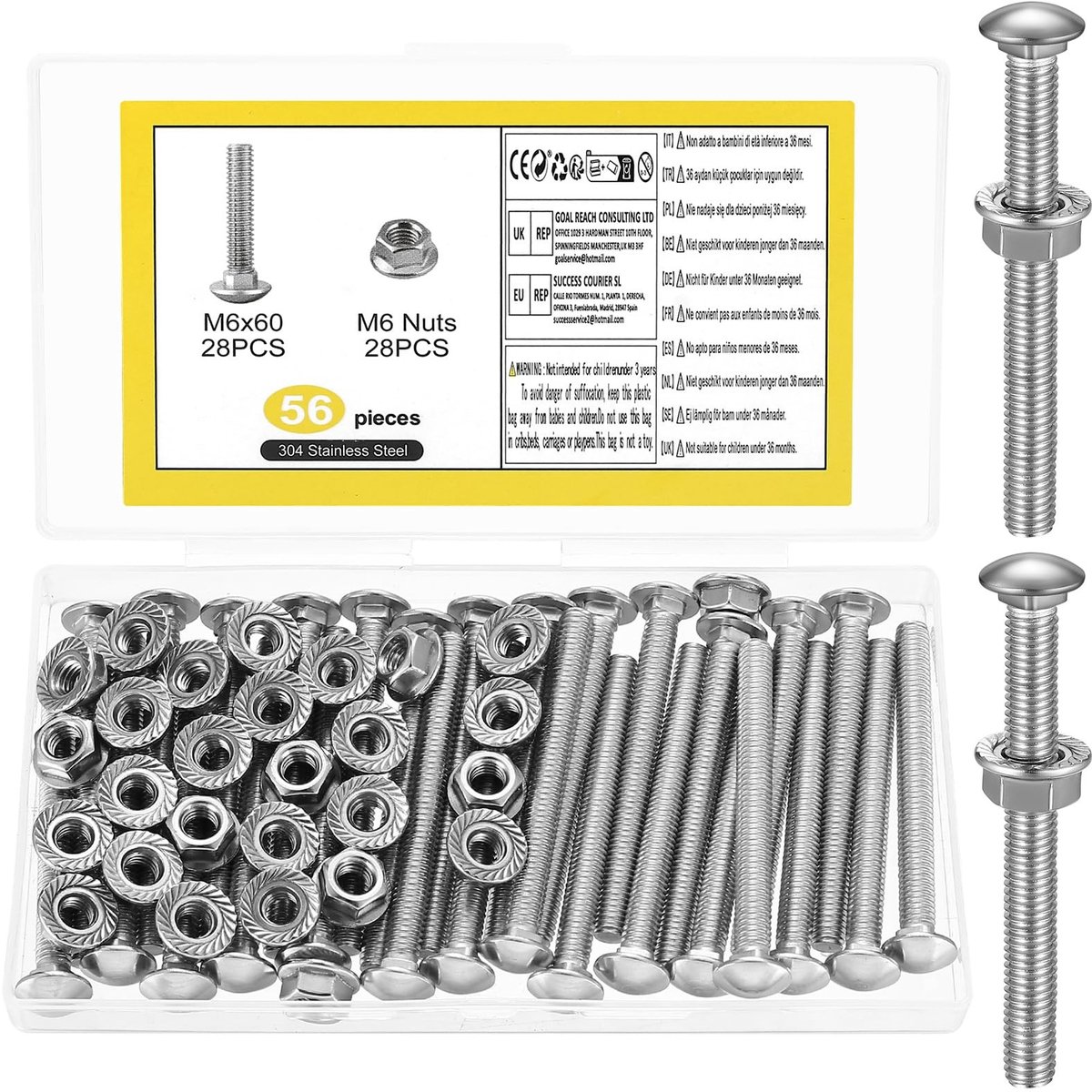 Dailygoods - 56 stuks slotschroeven, M6 x 60 mm roestvrij staal, slotschroeven, roestvrij staal, torbandschroeven, moerset, M6 platte kopschroeven met flensmoeren, schroefdraadschroevenset, platte ronde