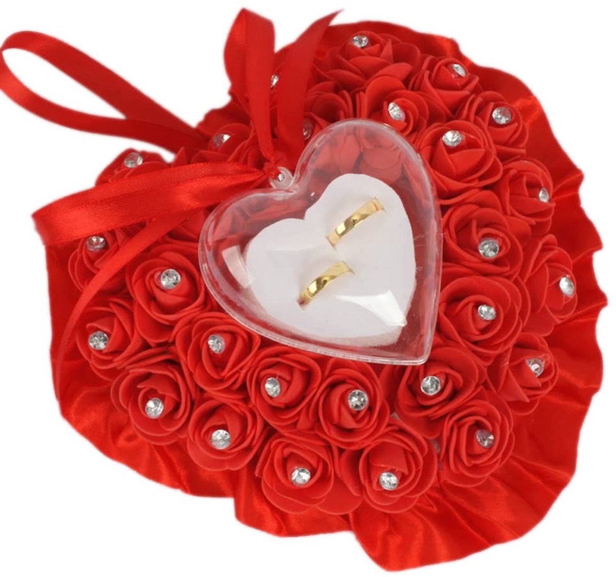 Dailygoods- Ringkussen Rozenhartvorm - Trouwring Kussen - Decoratie - Gastgeschenk - 18x19 cm - Schuim met Strik en Strass-steentjes - Trouwringkussen