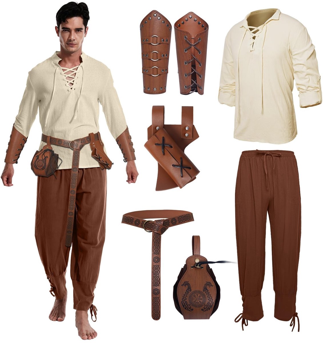 Dailygoods- Middeleeuwse Kleding Heren Set - Viking Kostuum - Piraten Kostuum - Broek met Armbeschermers - Retro Muntentas - Ademend Katoen/Linnen - Piratenkostuum