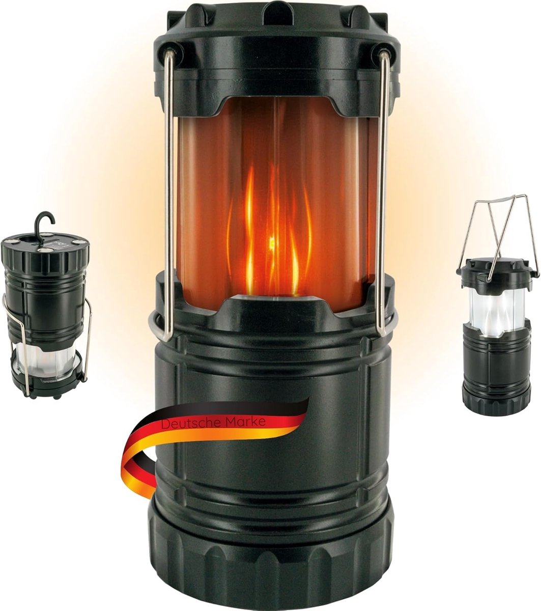 Thijox - Led-campinglamp met Kampvuureffect, Draagbare 3 W COB-LED Lamp, 120 Lumen, Batterijgevoed (3 x AAA), Compact met Magneten en Haken voor Tuin,