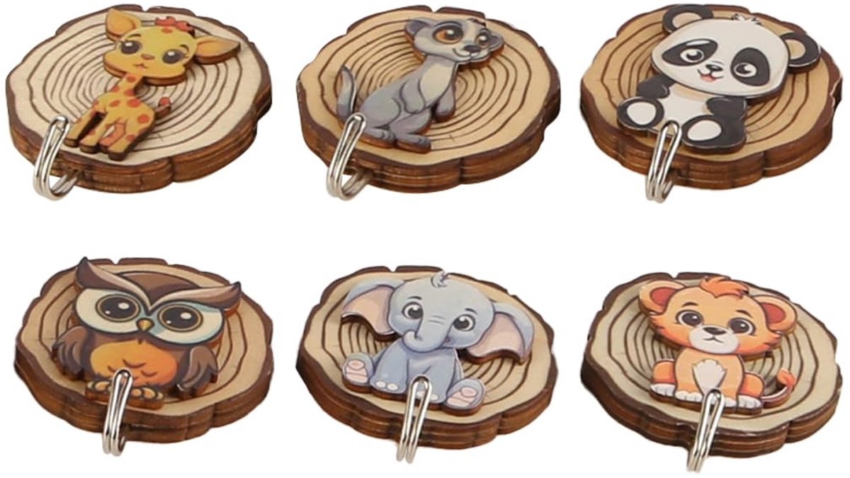 Dailygoods- Kapstokhaken 6 stuks - Houten Dierenontwerpen - Zelfklevend - Wandhaken - Duurzaam - Sterk draagvermogen