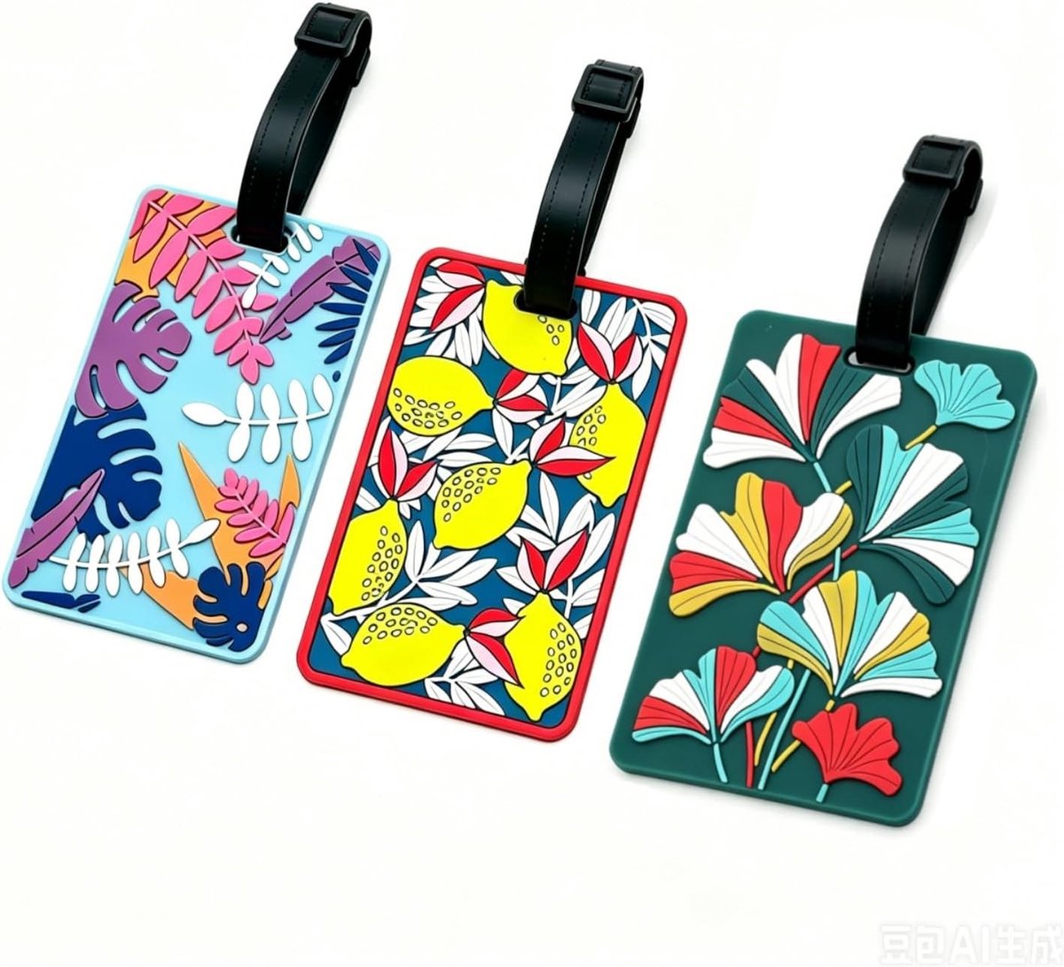 Kleurrijke reiskoffers met tropisch blad, citroen en ginkgo, inclusief naamplaatjes voor reizen en vakantiegeschenken, 3 stuks
