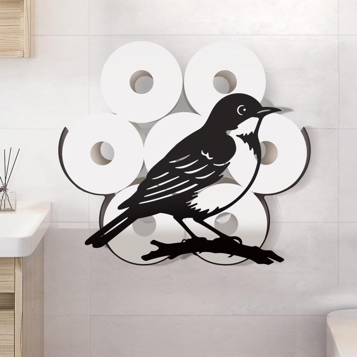 Metalen toiletpapierhouder voor 8 extra rollen, zwart decoratief ontwerp voor badkamer en kantoor, wandmontage en ruimtebesparend
