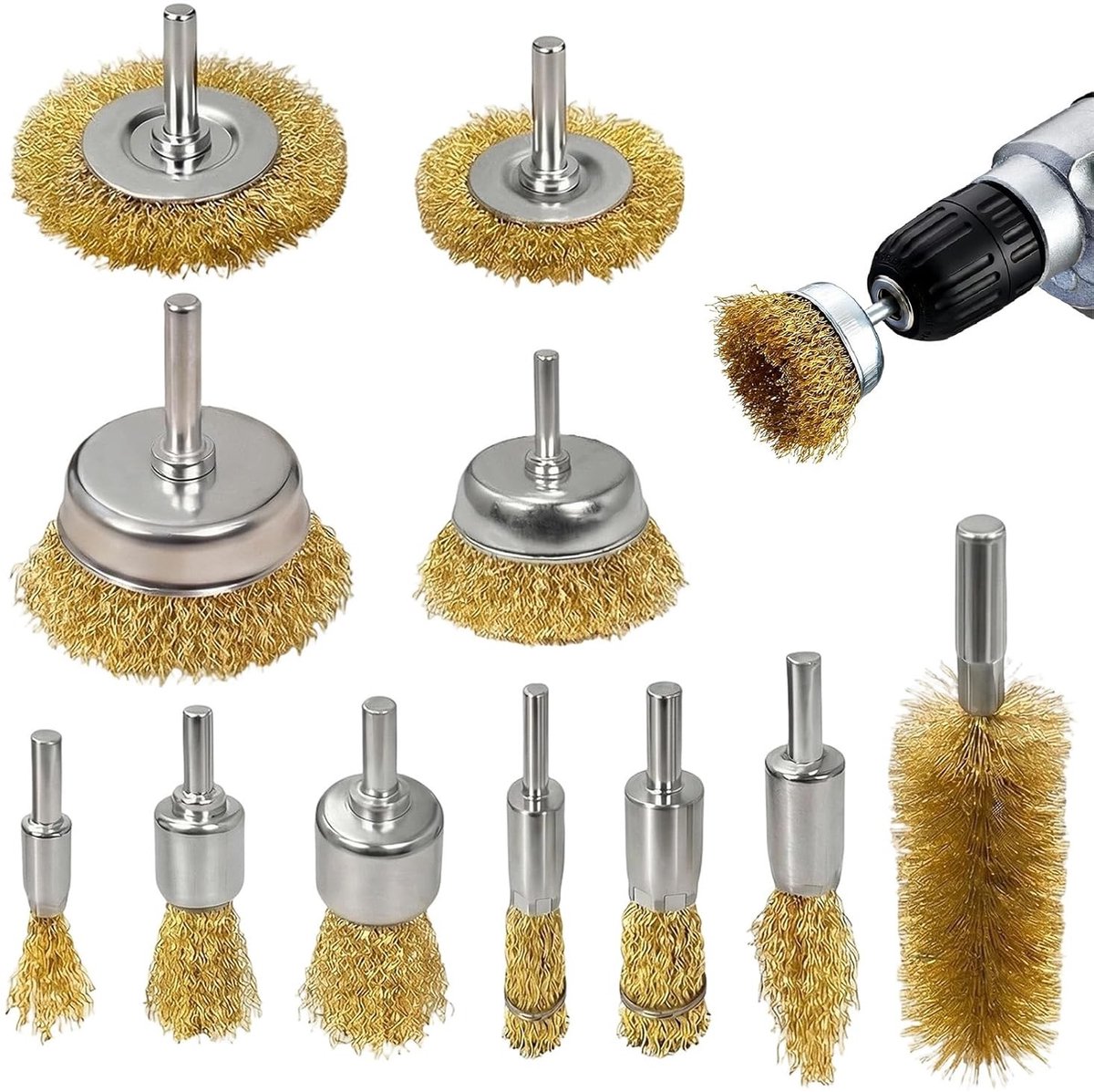 Set van 11 borstelaccessoires voor metaalboren, messing borstel met 6 mm schacht voor het verwijderen van roest, lak en voor het reinigen en polijsten van metalen oppervlakken