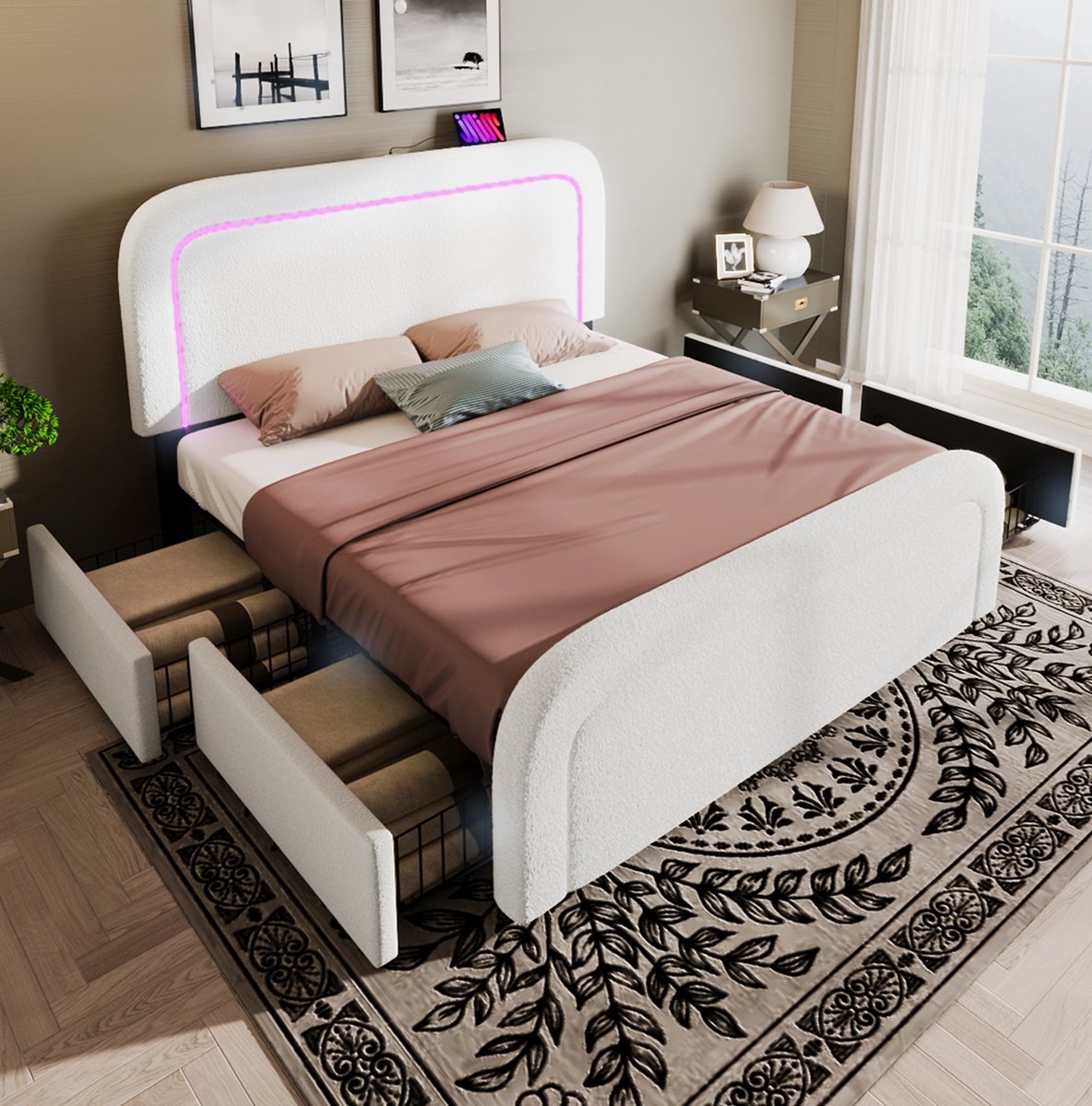 FloraGrace Gestoffeerd Bed 160x200 cm - Met USB Type C en LED - Verstelbaar Hoofdbord - 4 Laden - Tweepersoons - Wit - Zonder Matras