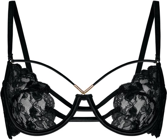 Soutien-gorge noir avec armatures, bonnets en dentelle, détails de bretelles et fermoir doré.