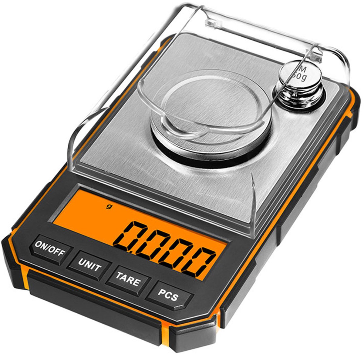 Precisie-elektronische weegschaal, 0,001 gram, digitale milligramweegschaal, 50 gram/0,001 gram, draagbare digitale weegschaal met LCD-scherm, digitale elektronische weegschaal, oranje