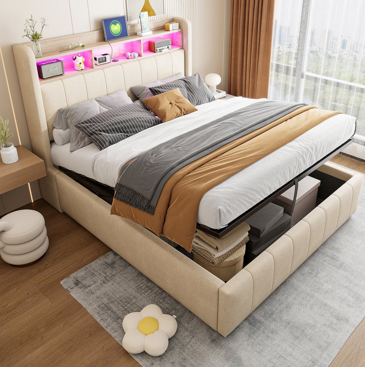 MEUNIQ gestoffeerd bed 140x200 cm met LED-verlichting, USB en Type-C, hoofdbord met opbergruimte, hydraulische opbergruimte onder bed, tweepersoons bed beige