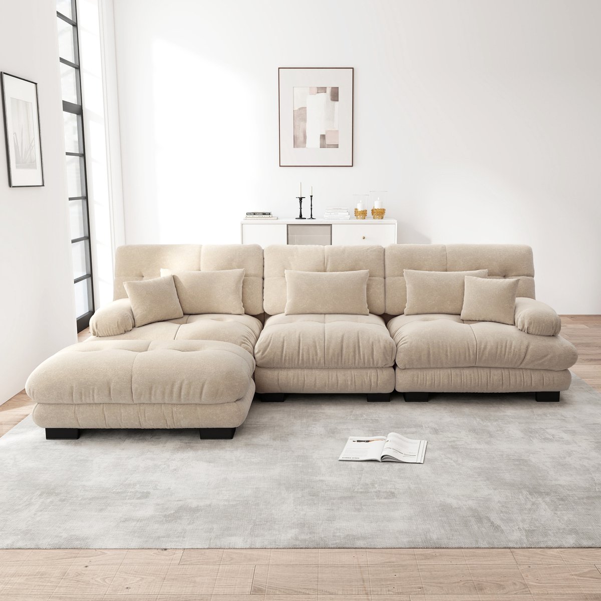 FloraGrace Hoekbank – 3-Zits Modulaire L-Vormige Bank Met Verplaatsbare Ottoman – Diepe Cloud-Zitting Voor Woonkamer – Chenille – Licht Koffie
