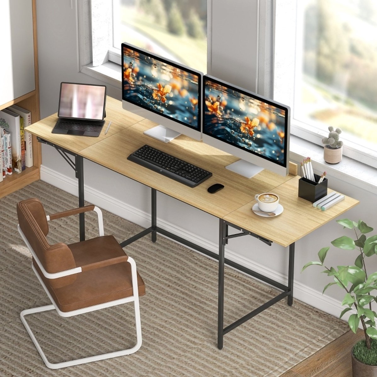 MIVRAY Bureau - Klapbaar Computerbureau Met Uitschuifbaar Tafelblad - Voor Thuiswerk En Kantoor - Hout En Metaal - 170x58x78 Cm - Eiken