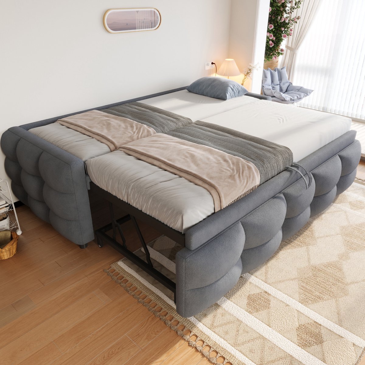 MEUNIQ slaapbank 90/180 x 190 cm uitrekbaar bed met lattenbodem, teddy stof, grijs, 24 latten, zonder matras, voor slaapkamer of logeerkamer