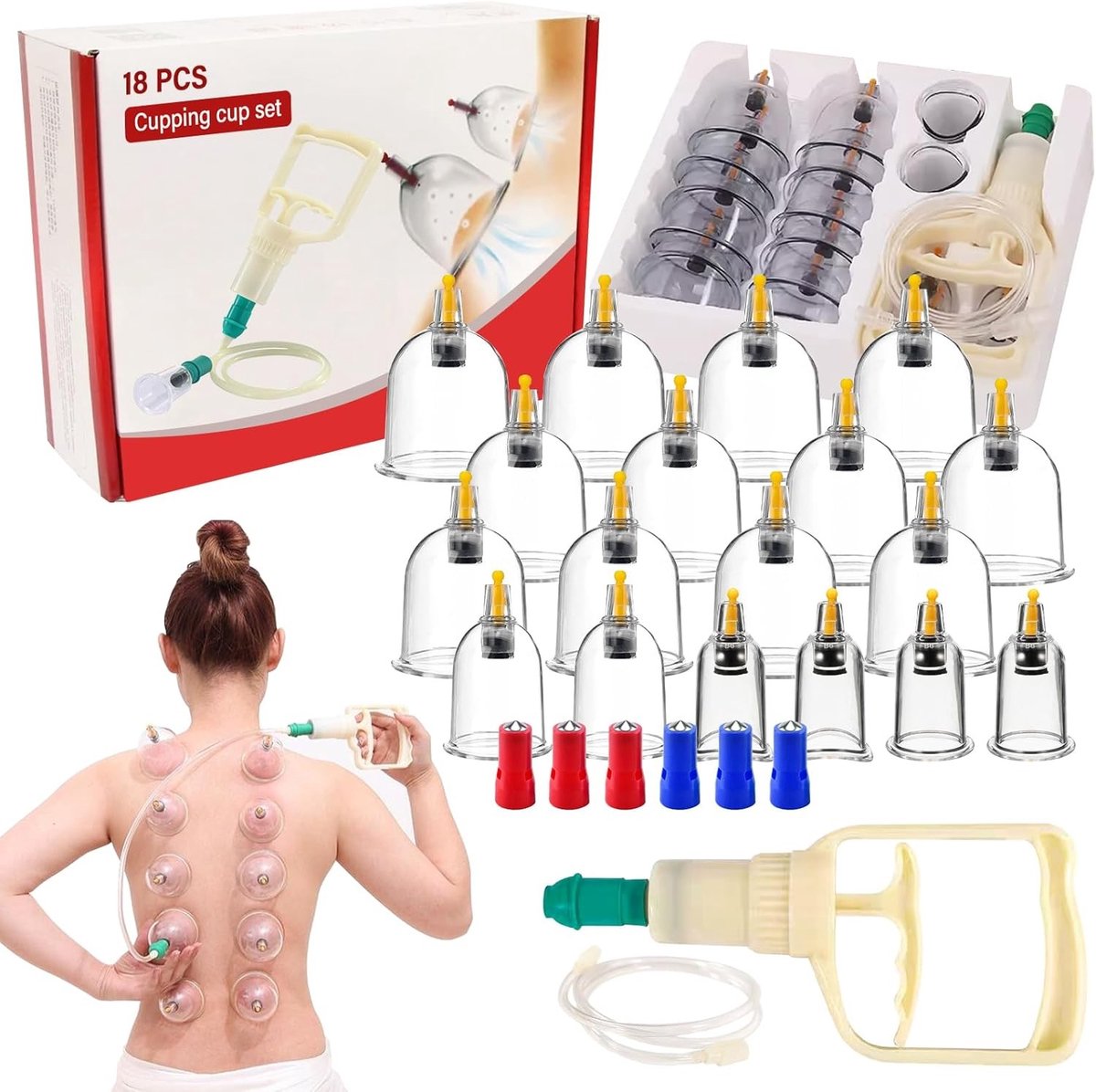 Cupping set met 18 vacuüm glazen, ideaal voor ontspanning en pijnverlichting, inclusief pomp