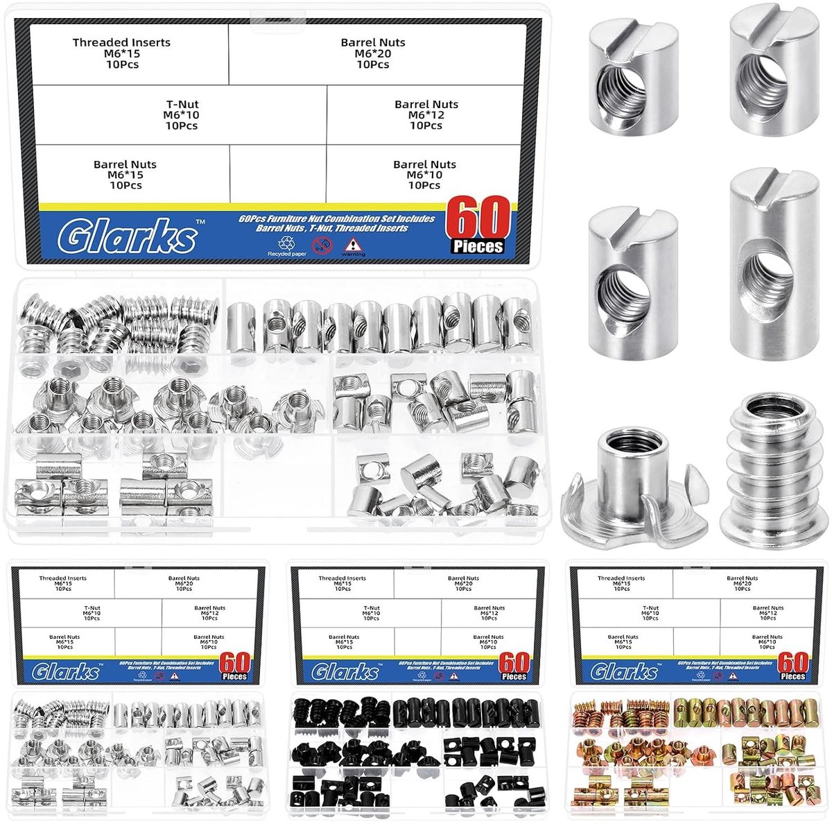 60 Stuks M6 x 10/12/15/20mm Verchroomde Barrel Cross Dowels en Sleufmoeren Set, Inclusief 40 Barrel Moeren en 10 M6x10mm 4-Prong Tee Moeren voor Meubelmontage en Verbindingen