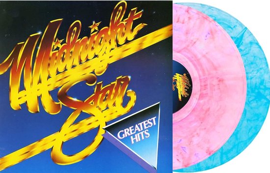 Platenhoes met de titel 'Midnight Star Greatest Hits' in gouden letters, naast twee marmeren vinylplaten in roze en lichtblauw.