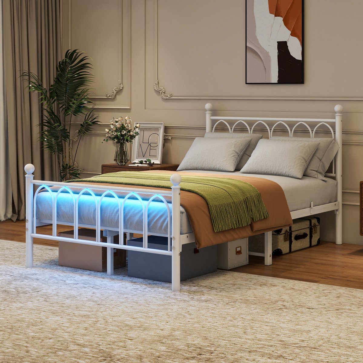 FloraGrace Bed 120x200 cm - LED-Verlichting en USB-Oplaadpunt - Zonder Matras - Met Opbergruimte Onder Het Bed - Metaal en MDF - Wit