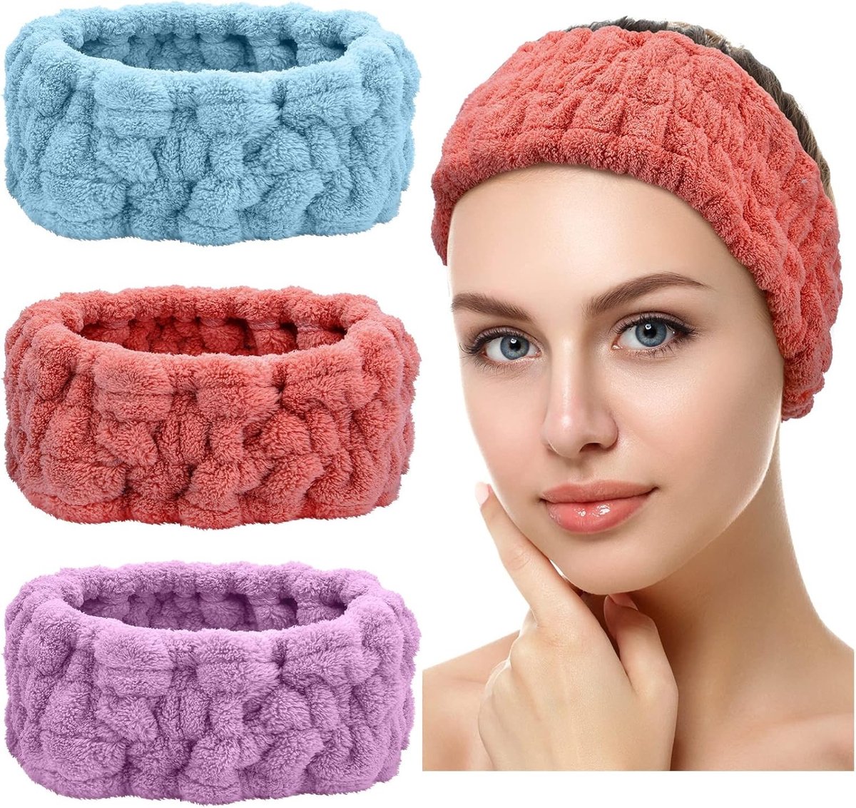3 Stuks Zachte Haarbanden voor Vrouwen - Ideaal voor Gezichtsmaskers, Make-up en Douche - Perfecte Geschenken in Rood, Blauw en Paars