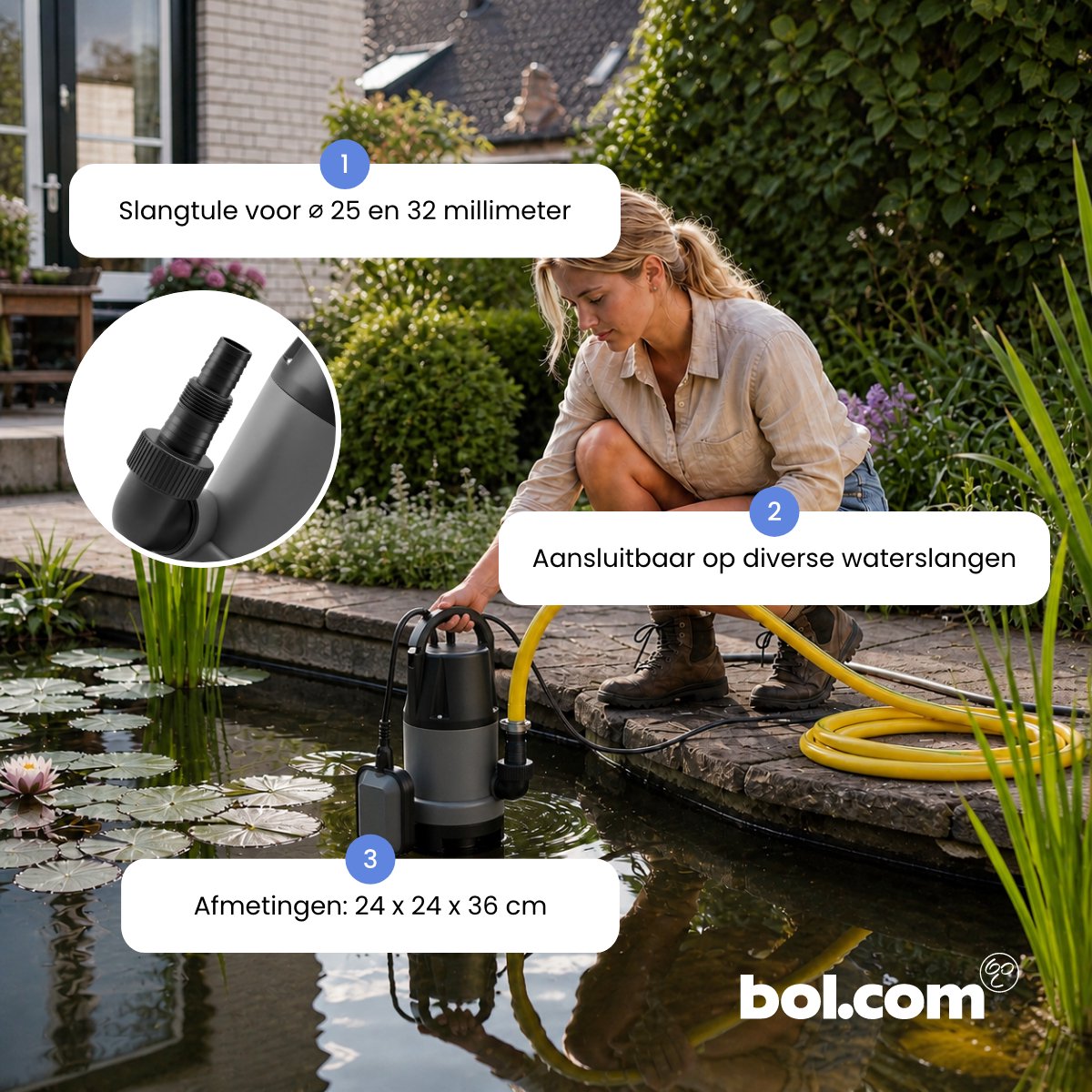 123® Vuilwater Dompelpomp 8000 l/u – Automatische Vlotterschakelaar – Inclusief 8 m Flexibele Tuinslang 1” (25 mm) Anti-Knik – Waterpomp voor Kelder, Bouwput en Vijver – foto 3