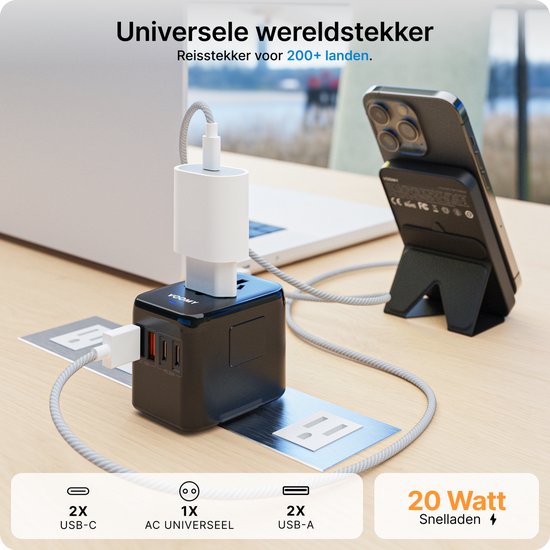 Voomy Universele Wereldstekker - 200+ landen - 2 USB-C & 2 USB-A Poorten - 20W Snellader - Reisstekker Wereld: Amerika (USA), Engeland (UK), Australië, Zuid Amerika, Afrika, Italië, Thailand - Zwart