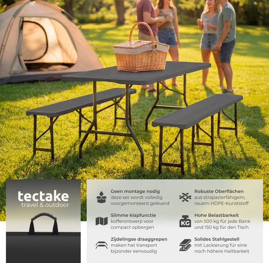 tectake® Campingtafel Set - Vouwtafel met Banken - 8 Personen - 180 cm - Inklapbare Picknicktafel - Klaptafel - Weerbestendig - Tuintafel - Biertafel - Antraciet van TecTake — afbeelding 2