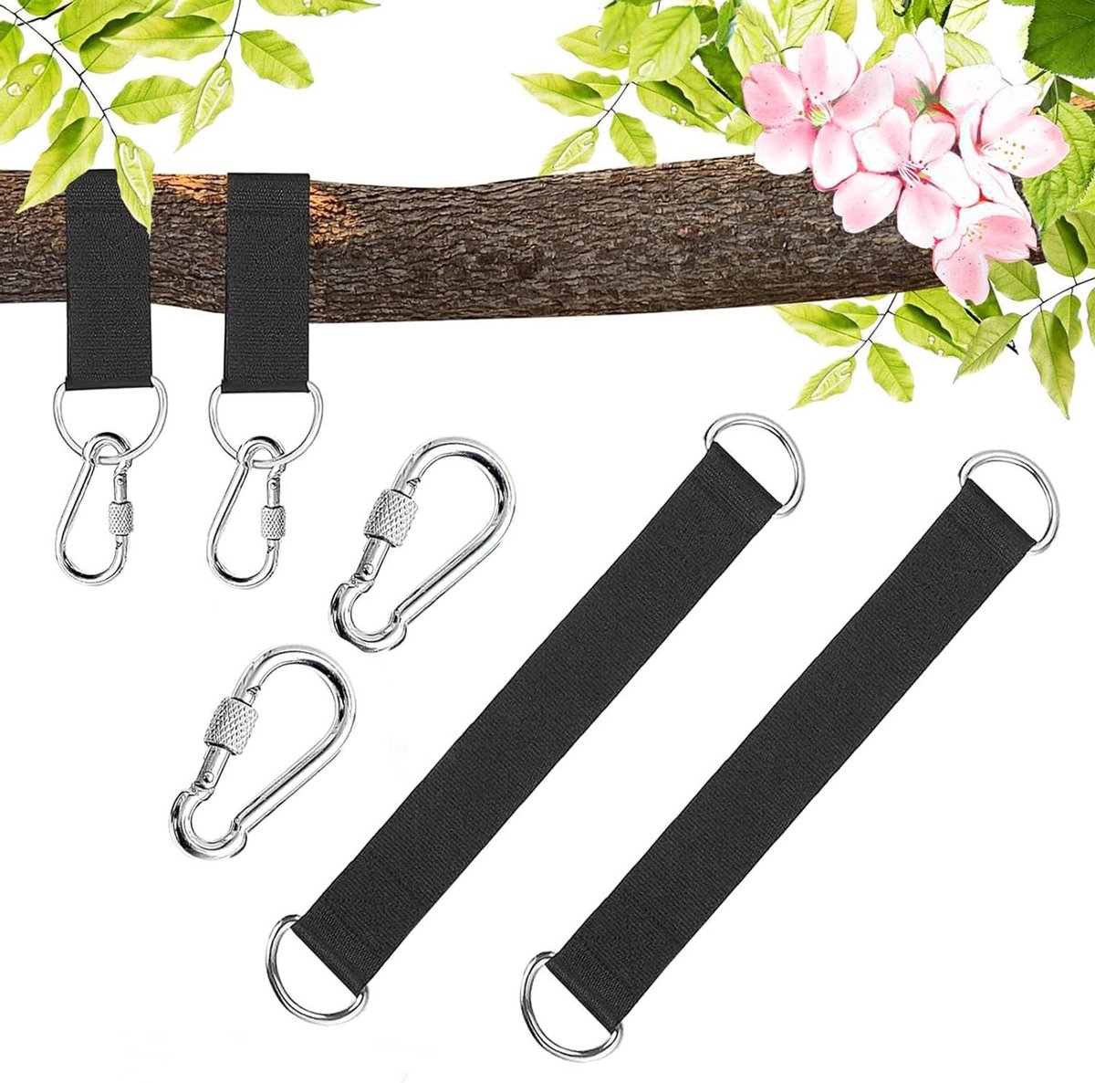 Schommelbevestiging Set - Hangmat Ophanging - Veilig Ophangen - Dubbele Nylon Banden - 2 Stuks - Zwart