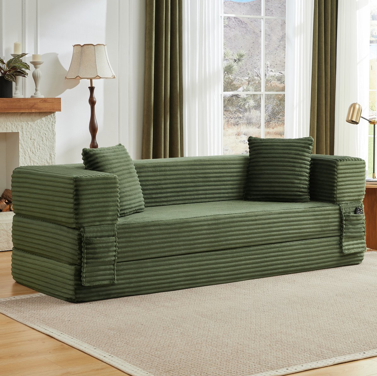 FloraGrace Slaapbank 200 cm - 3-Zits Omvormbaar Tot Klein Tweepersoonsbed - Klassiek Vierkant Design Voor Appartement Of Woonkamer - Schuim - Groen