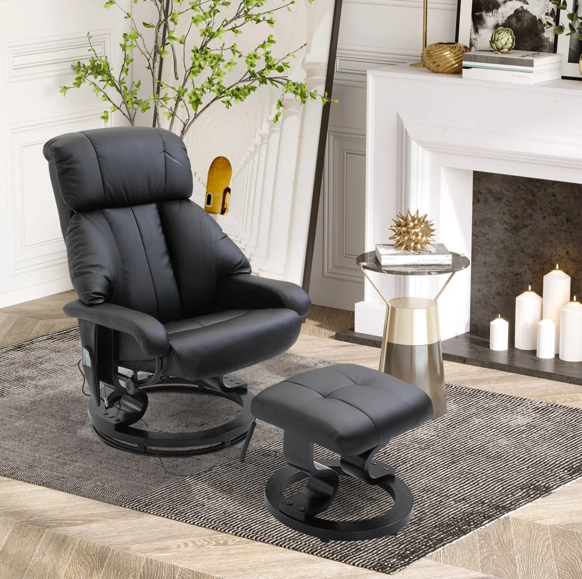 MEUNIQ relaxfauteuil met 145° handmatig verstelbare rugleuning, 360° draaibaar, vibratiemassage, kunstleer, voetenbank, armleuningen, zwart Black
