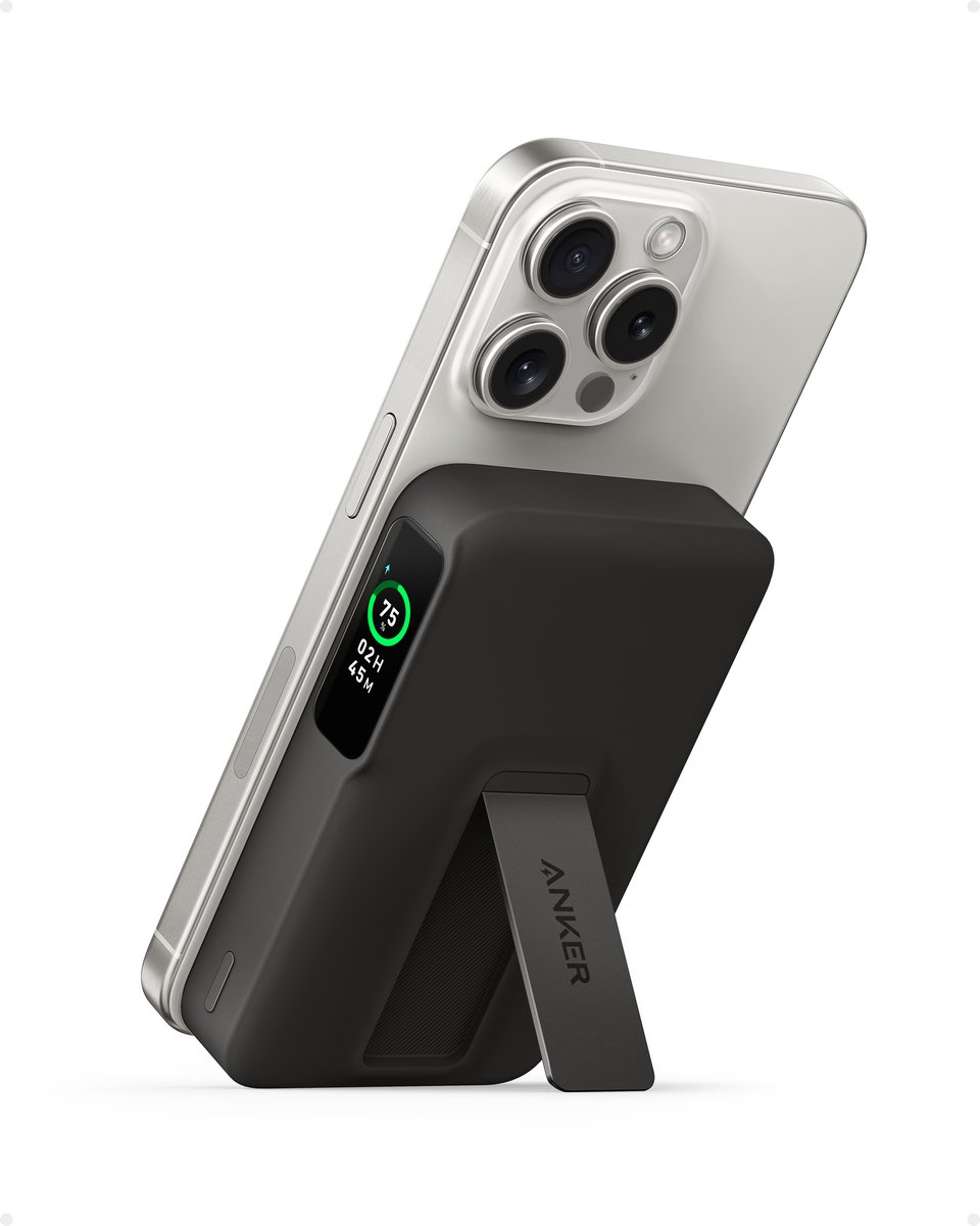 Anker MagGo Powerbank 10.000 mAh - Draadloze Oplader - 15W Draadloos Opladen - 27W USB-C Poort - Geïntegreerde Standaard - Zwart