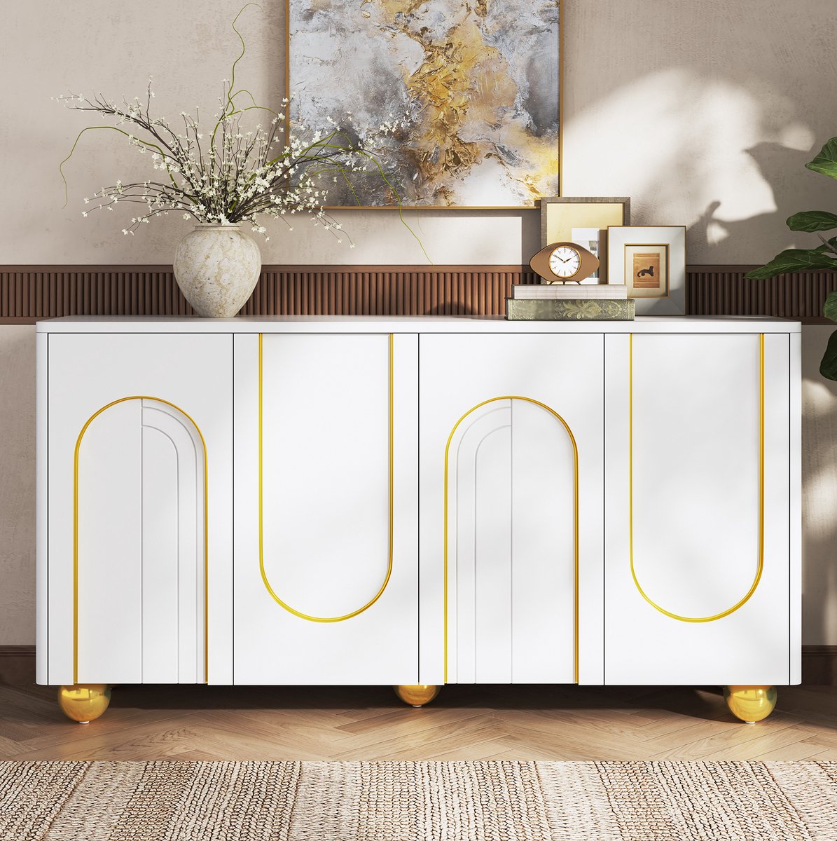 MIVRAY Dressoir - Vierturs Opbergkast Met Gouden Boogdecor - Voor Eetkamer Hal En Woonkamer - MDF En Spaanplaat - 140x40x74 Cm - Wit