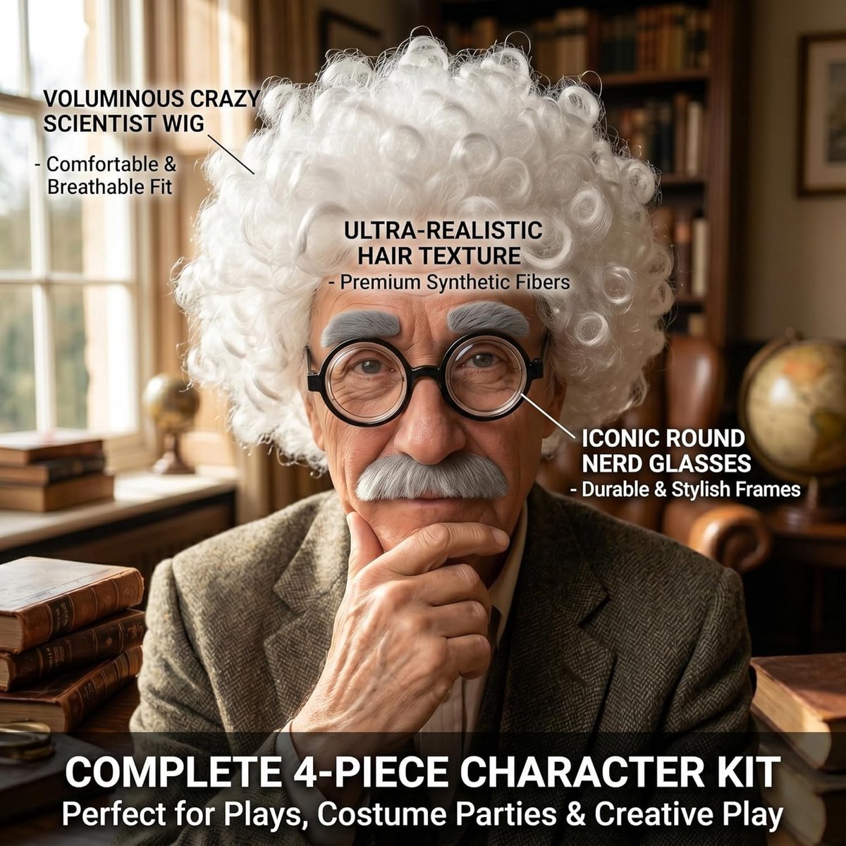 Kostuumset voor Mad Scientist met pruik, baard, wenkbrauwen en bril voor Halloween en themafeesten