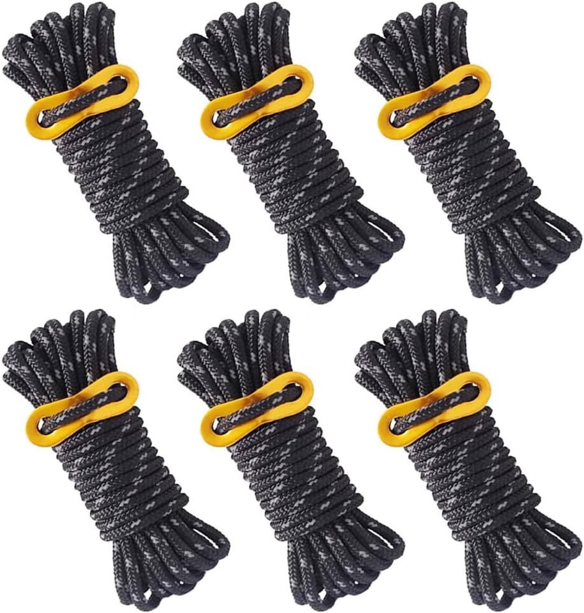 Set van 6 Reflecterende Tentlijnen voor Kamperen - 4 m x 5 mm Touw met Verstelbare Spanner, Ideaal voor Buitenactiviteiten, Tentaccessoires en Luifeltouwen