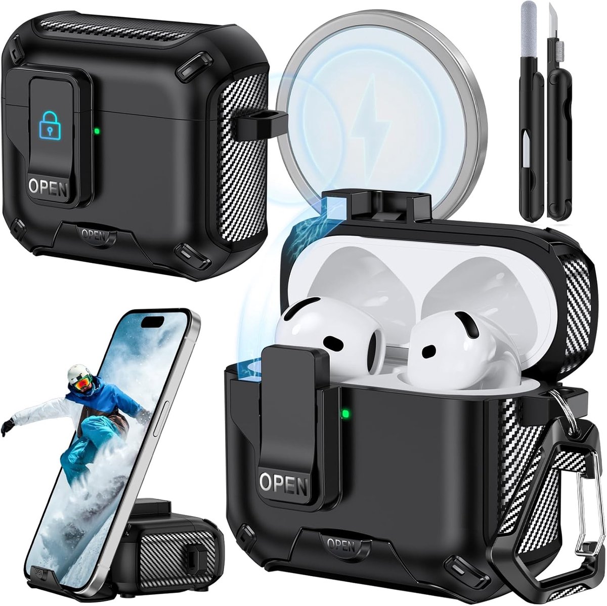 Thijox - Compatibel AirPods 4 Hoesje met Telefoonstandaard, Carbonvezel Design, ANC Versie, Automatische Snap-Schakelaar, Reinigingspen, Zwart