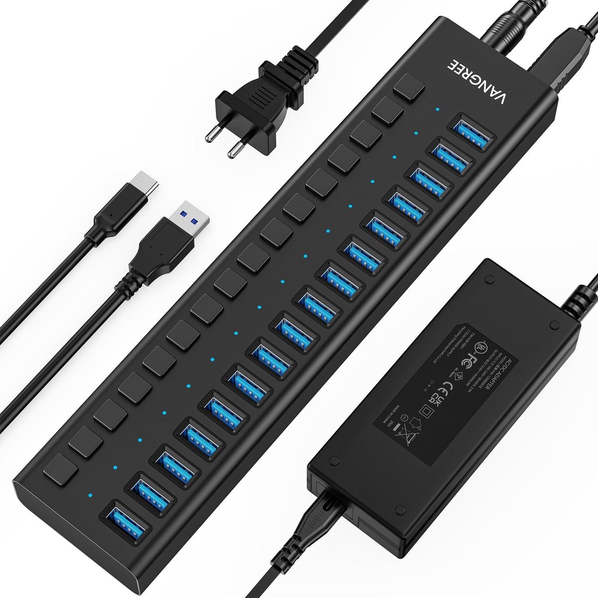 Thijox - Powered USB-hub 10 Gbps met 16 poorten, 96 W, USB 3.2 splitter, individuele aan/uit schakelaars voor laptop, pc, externe HDD, Flash Drive