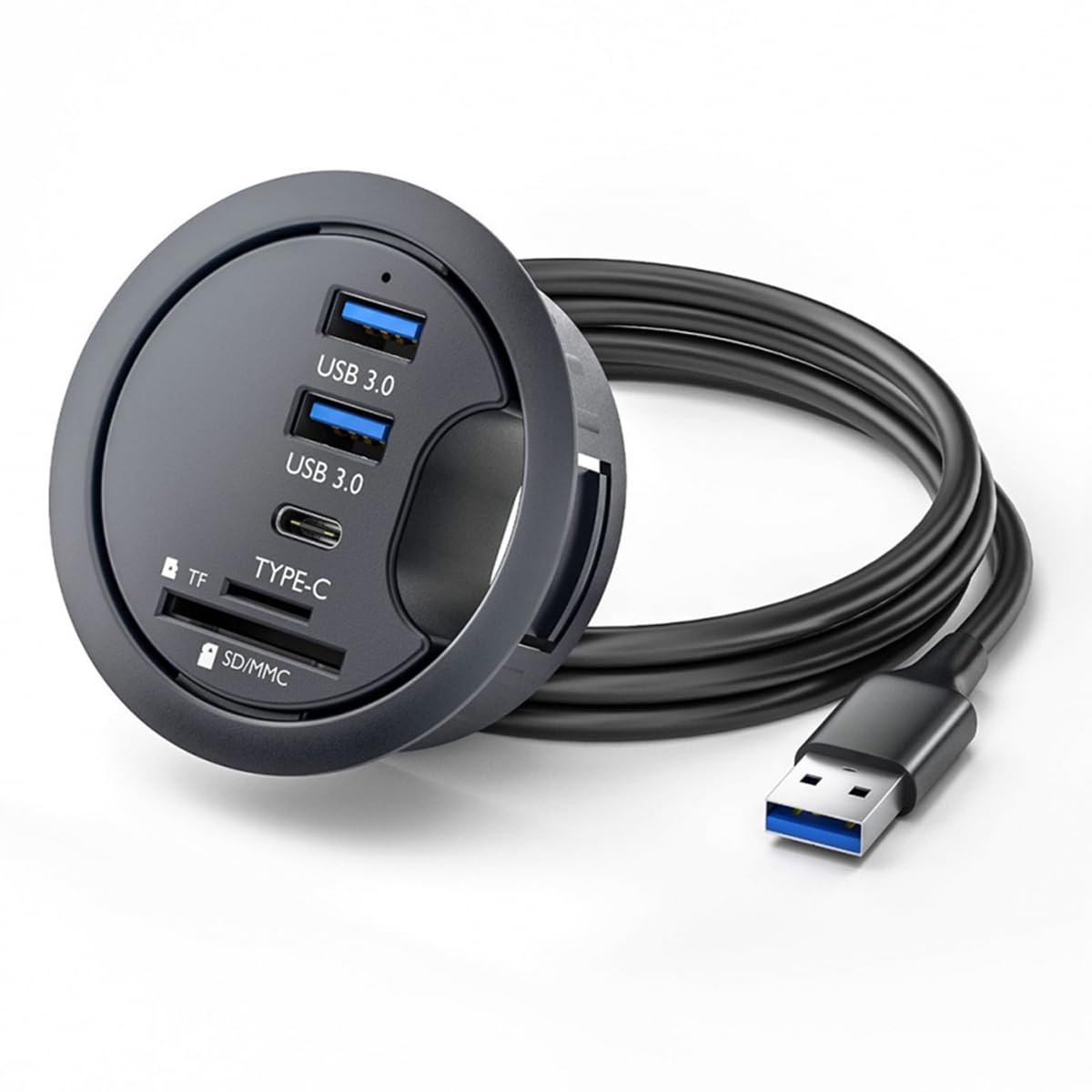 Thijox - USB 3.0 Hub SD TF USB-C 2-poorts Bureau Grommet Splitter Dockstation Micro-SD Kaartlezer Voor Desktop PC - Ideaal Voor Thuiswerkplek