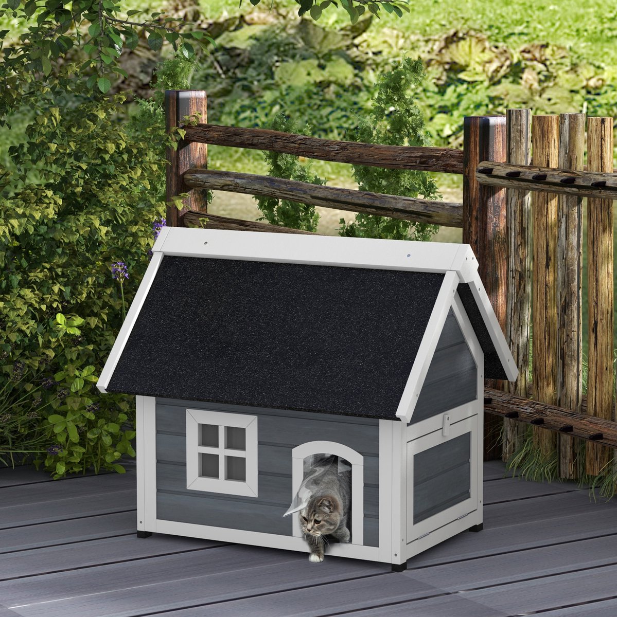 HAUSS SPOLE Kattenhuis – Weerbestendig Met Opklapbaar Dak – 77 x 57,5 x 68 cm – Hout – Grijs – Voor Buiten – Met Raam En 3 Deuren