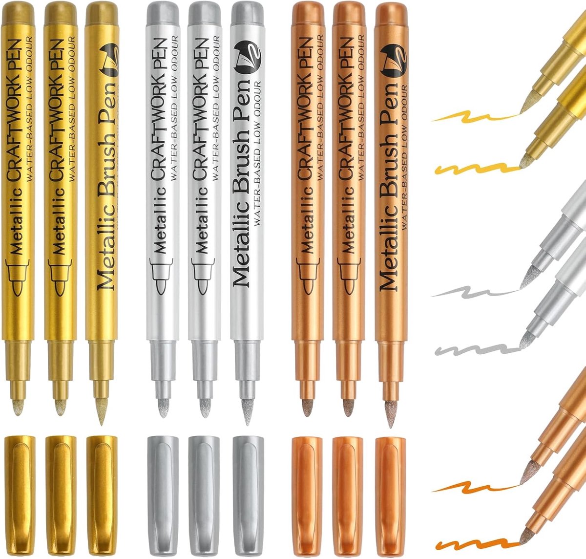 SnelShoppen - Set van 9 Metallic Markers - Goud, Zilver, Brons - Glittermarkers, Waterbestendig, Permanente Acrylmarkers voor Kaarten en Knutselen - P