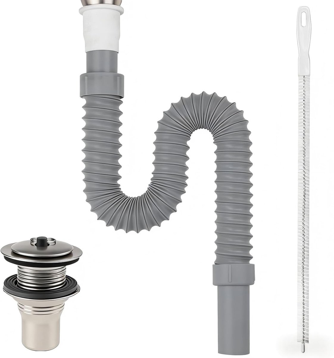 Flexibele Afvoerslang 75 mm voor Badkamer en Keuken, Inclusief 45 cm Reinigingsborstel en Hoogwaardige Sifon voor Efficiënte Afvoer en Onderhoud