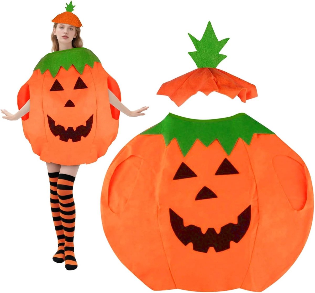 Grappig pompoenkostuum voor volwassenen met hoed, spookcape en poncho voor Halloween, carnaval en feesten