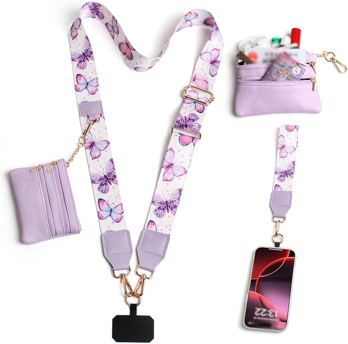 Thijox - Telefoonketting met Portemonnee, Verstelbare Telefoonlus met Munthouder, Paars Polyester met Vlinderpatroon voor Feest, Dagelijks Gebruik, en