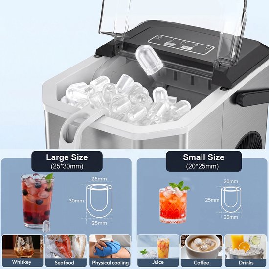 Archi Draagbare IJsblokjesmachine - IJsmachine -12 kg - 9 IJsblokjes in 6-8 Minuten - Zelfreinigend - 1,2L Waterreservoir - RVS — afbeelding 2