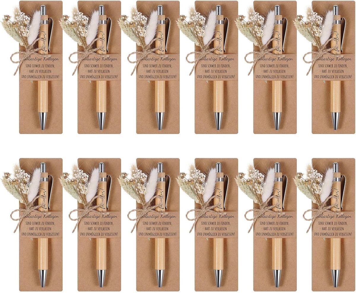 Cadeaus met Houten Balpen en Gravering, Boeket van Echte Gedroogde Bloemen en Papieren Penhouder voor Afscheidscadeau Leraar, Collega of Vriend (12 Sets, Origineel en Persoonlijk)