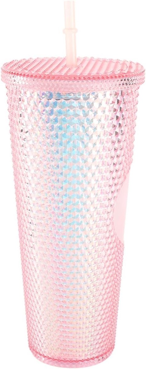Grote capaciteit waterbeker van 24oz met brede opening en lekvrije deksel, geïsoleerde tumbler voor water, koffie en thee; matte studded design in transparant roze