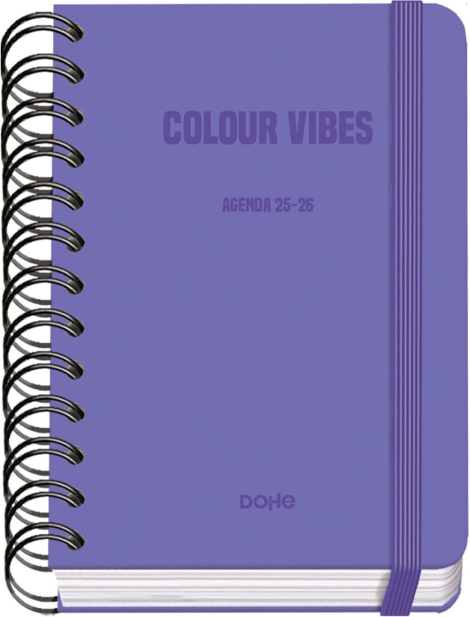 Thijox - Dohe Schoolagenda 2025 2026 A6 Dag per Pagina, Spaans en Engels, Dubbele Spiraalbinding, Harde Kaft, Elastieksluiting, 4 Stickervellen, Paars