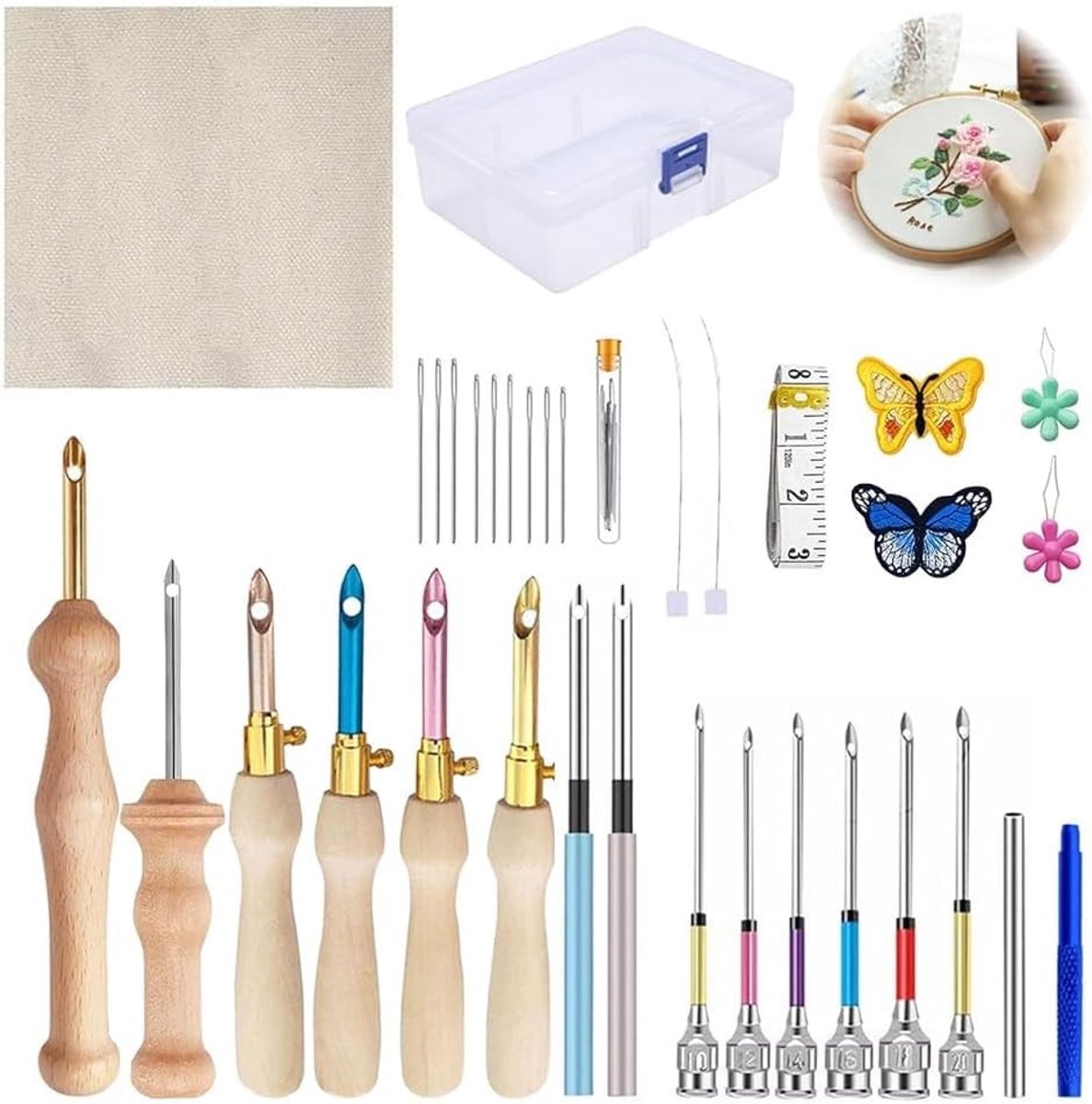 Complete Set van 35 Punching Needles voor Borduren, DIY Handwerken en Breien - Inclusief Houten Gereedschap en Embroidery Kit voor Beginners en Gevorderden
