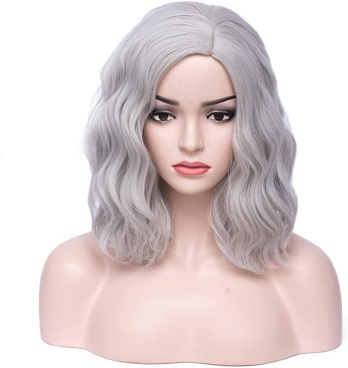Korte Krullende Peruk voor Vrouwen en Meisjes - 14 Inch Zilvergrijze Bob met Strandgolven voor Cosplay en Feestkleding