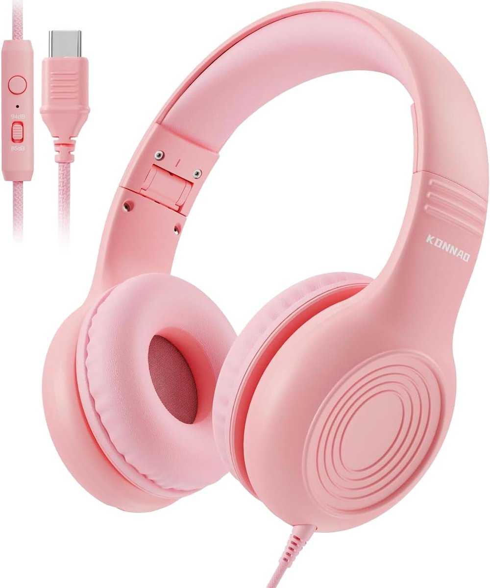 Thijox - Upgrade USB Type C Kids Hoofdtelefoon, Bedrade Hoofdtelefoon voor Kinderen met Microfoon, Verstelbaar Volume 85dB/94dB, Roze, Perfect voor Jo