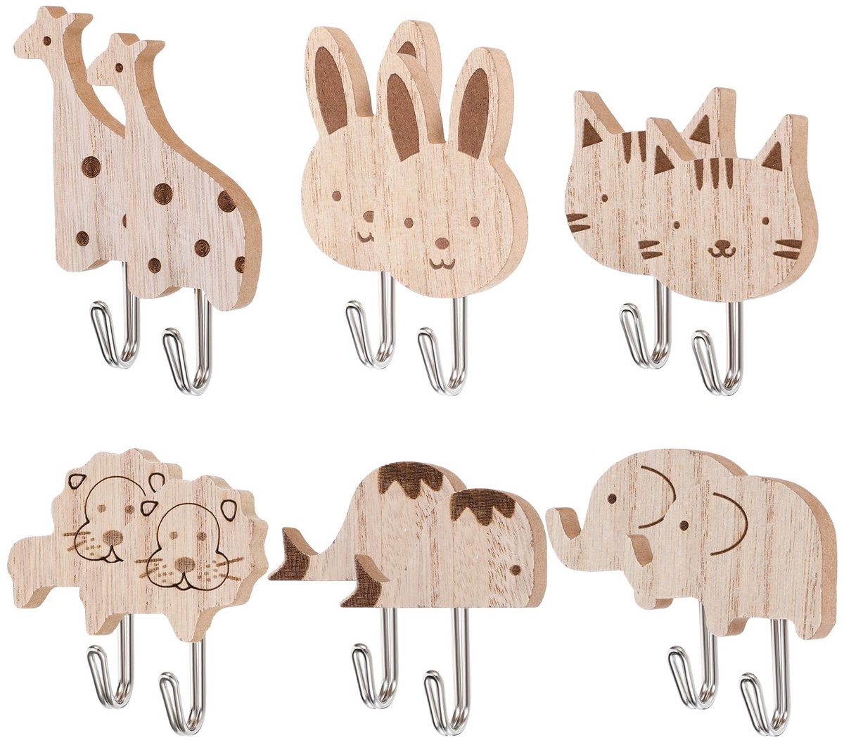 Inovra- Dierenkledinghaken 12 stuks - Houten Wandhaken - Zelfklevend - Diermotief - Voor Kinderen - Afmetingen Olifant 6 × 5,5 cm