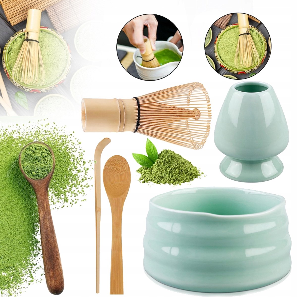Matcha-Maakset Het Perfecte Cadeau Voor Matcha-Liefhebbers - Bamboe Garde Keramische Kom Met Standaard 2 Theelepels - Traditionele Theeceremonie Rustgevende Sfeer - Groen