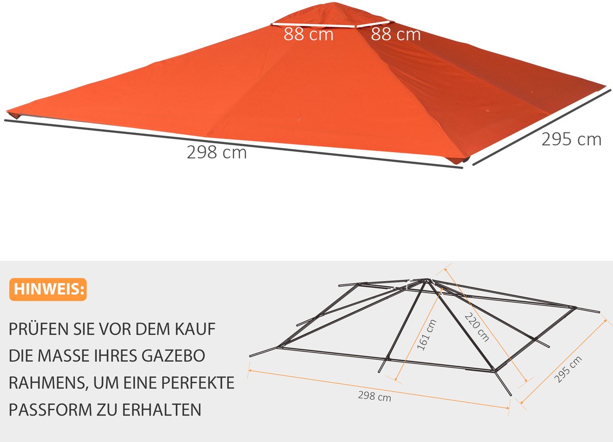 MEUNIQ vervangend pavillondak 298 x 295 cm voor tuinpaviljoen, polyester dakdoek met PA-coating, 4 bevestigingskoorden en 8 afwateringsgaten, oranje